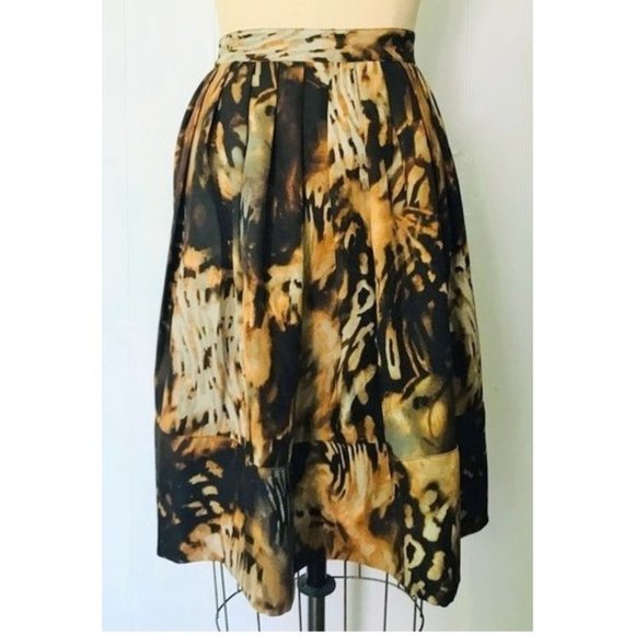 CHELSEA & THEODORE BROWN GRAY MUSTARD ABSTRACT WATERCOLOR FULL SKIRT 12 - Picture 8 of 8
